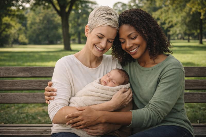 Zwei Frauen unterschiedlicher Ethnien sitzen lächelnd mit ihrem Neugeborenen auf einer Parkbank, illustriert Co Parenting als lesbisches Paar