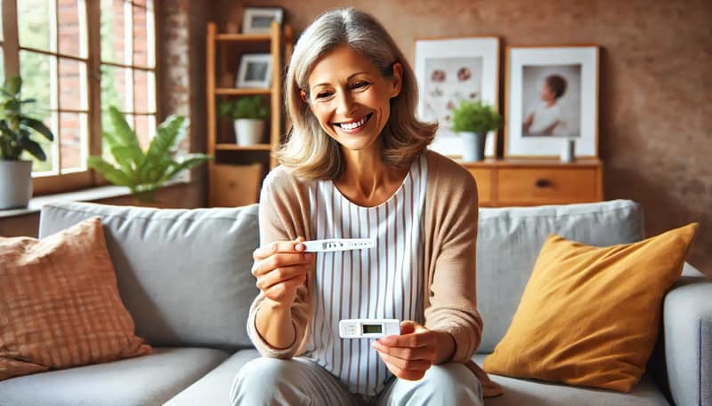 Eine Frau mittleren Alters sitzt in einem gemütlichen Wohnzimmer und hält einen positiven Schwangerschaftstest in der Hand