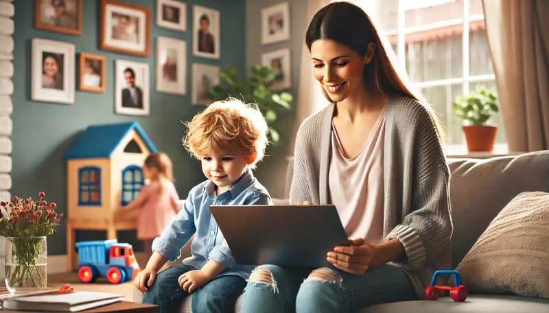 Alleinerziehende Mutter mit Kind am Laptop zum Thema Partnersuche und alleinerziehend