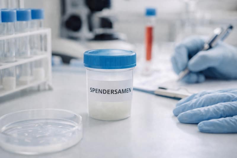 Spendersamen Probe in medizinischem Labor mit beschriftetem Behälter und Handschuhen
