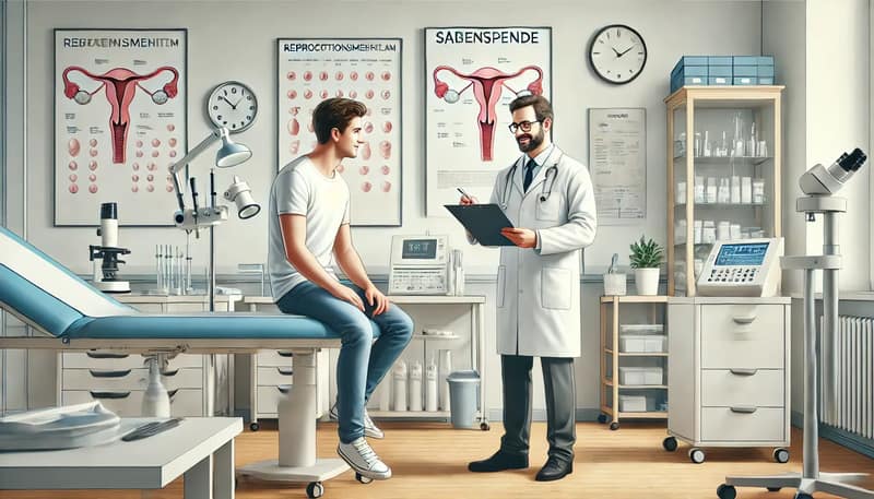 Ein deutsches Setting, das den Prozess der Samenspende illustriert. Ein Mann sitzt in einer modernen Klinik und füllt ein Formular aus