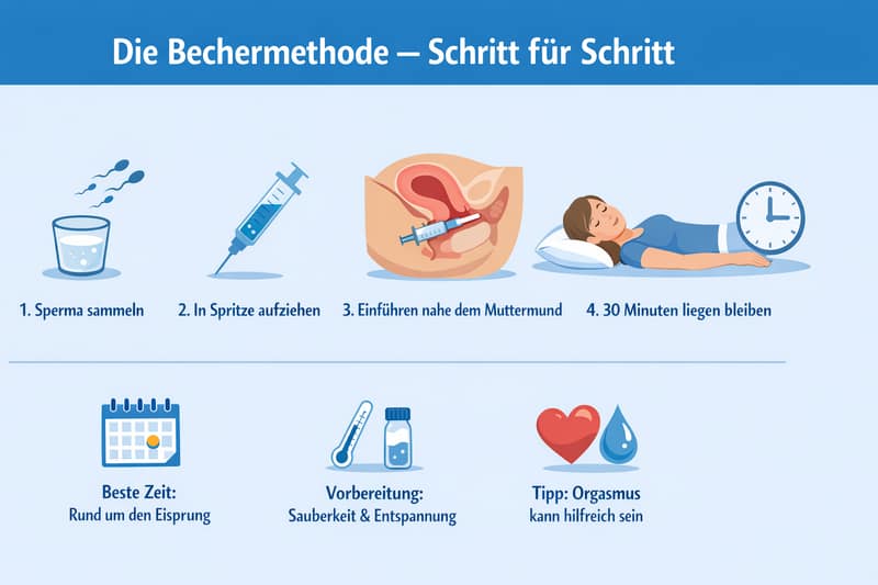 Die Bechermethode mit Schritt-für-Schritt-Anleitung (Sperma sammeln, in Spritze aufziehen, nahe dem Muttermund einführen, 30 Minuten liegen bleiben) sowie Tipps zu Eisprung, Vorbereitung und Timing.