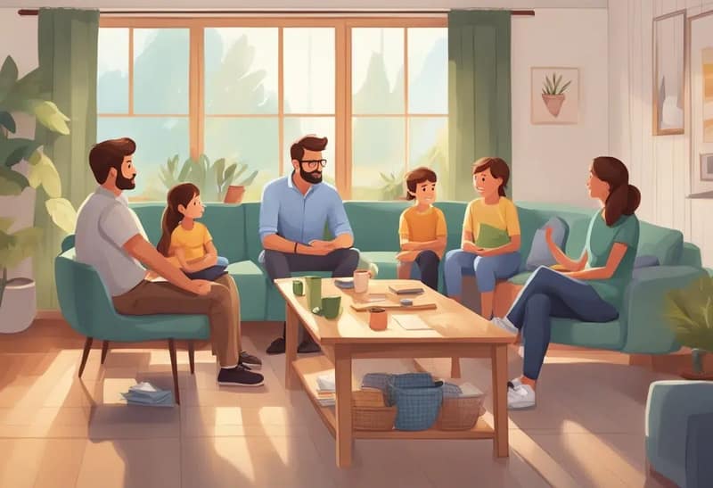 Eine Familienkommunikations und Konfliktlösungssitzung in einer gemütlichen deutschsprachigen Co Parenting Umgebung