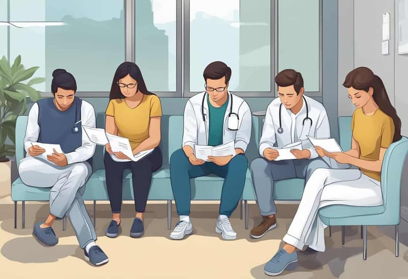 Samenspender in einer Klinik sitzen in einem Wartebereich, füllen Formulare aus und lesen Broschüren