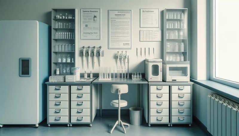 Illustration eines sterilen Labors mit Ausrüstung zur Sammlung und Lagerung von Samenproben. Die Szene zeigt medizinische Geräte wie sterile Behälter, Pipetten und Kühlgeräte. An der Wand hängen rechtliche Dokumente und Richtlinien zur Samenspende und -lagerung. Die Umgebung ist sauber und ordentlich, mit neutralen Farben und heller Beleuchtung, die den professionellen und hygienischen Charakter der Szene betonen.
