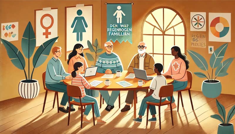 Gruppe unterschiedlicher Menschen diskutiert und plant den Weg zur Elternschaft in Regenbogenfamilien