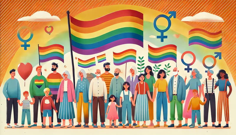 gleichgeschlechtliche Paare und Einzelpersonen versammeln sich unter einer Regenbogenfahne als Symbol für Unterstützung beim Regenbogenfamilie gründen