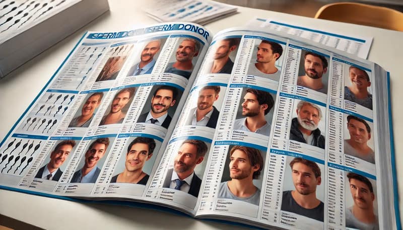 aufgeschlagener Samenspenderkatalog mit Profilen deutscher Spender auf einem Tisch