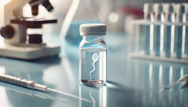 steriles Spermafläschchen zur Befruchtung, typisches Produkt aus einem Samenspenderkatalog