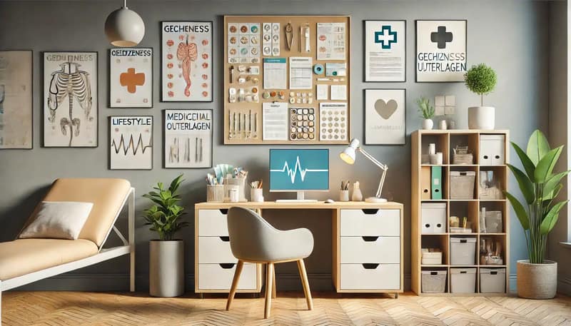 Arztpraxis mit Gesundheitspostern und medizinischen Unterlagen auf dem Schreibtisch, typisch für den Gesundheitscheck beim Sperma spenden