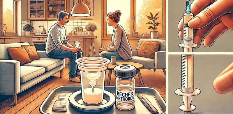 Eine detaillierte digitale Illustration der Bechermethode, einer Methode der künstlichen Befruchtung zur Erfüllung des Kinderwunsches