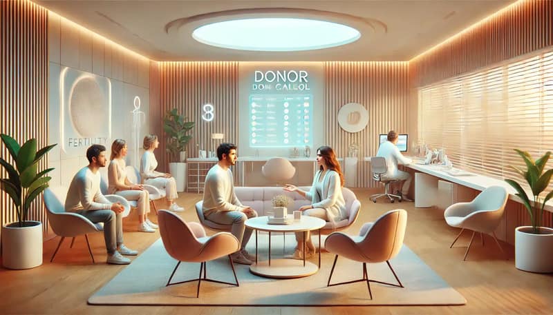 Samenspender finden — Paare diskutieren Spenderoptionen in einer Fruchtbarkeitsklinik