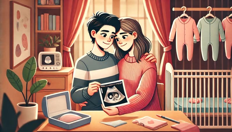 Eine herzerwärmende digitale Illustration eines lesbischen Paares, das sich ein Baby wünscht. Das Paar ist in einer gemütlichen häuslichen Umgebung zu sehen