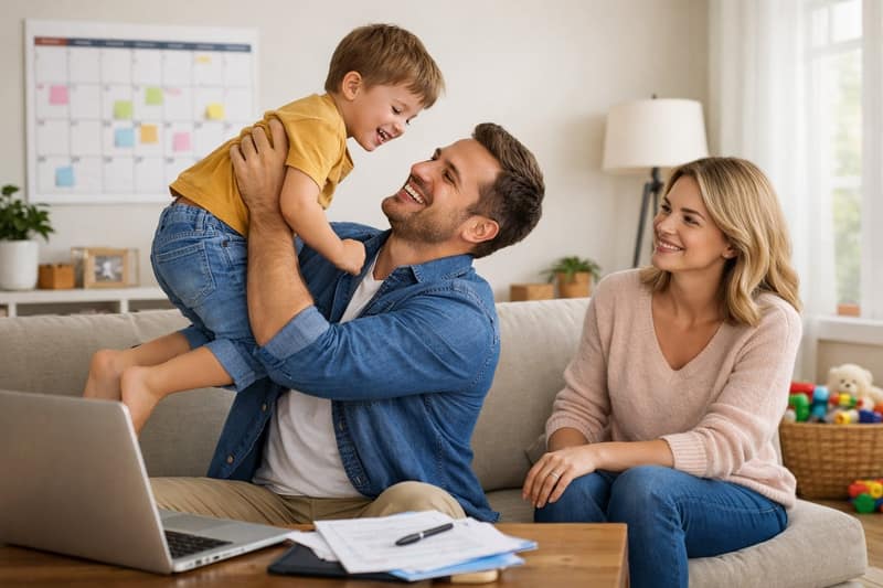 Vater und Mutter spielen gemeinsam mit ihrem Kind im hellen Wohnzimmer als Beispiel für Exklusive Co-Elternschaft
