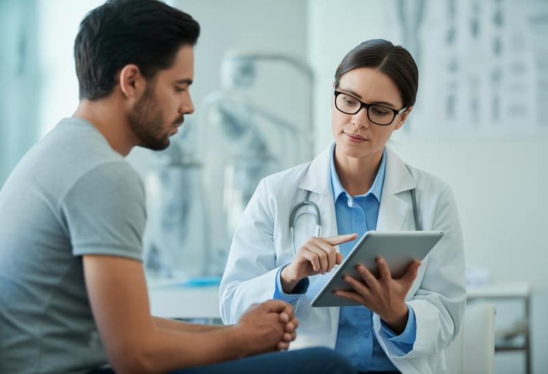 Ein Arzt erklärt einem männlichen Patienten in einer modernen Klinik medizinische Informationen in einem ruhigen Gespräch