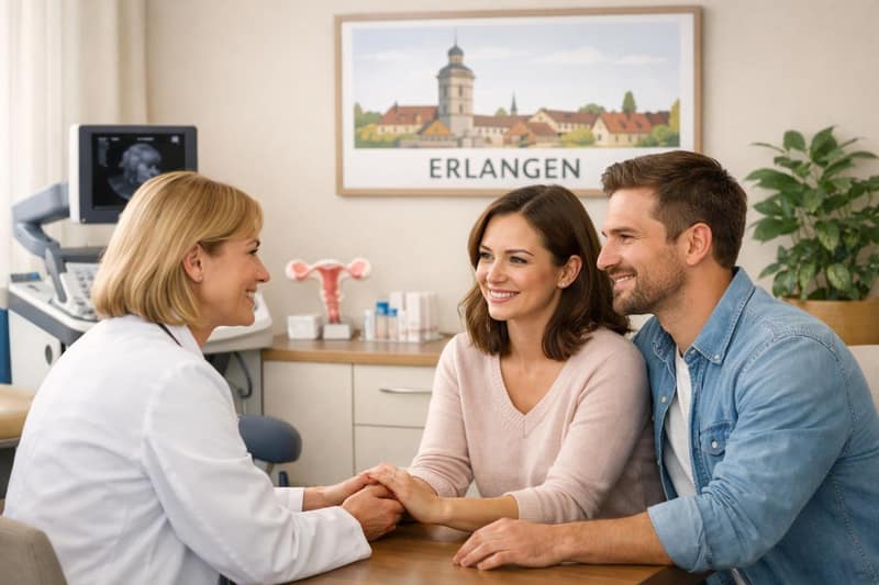 Paar in Beratungsgespräch mit Ärztin für Kinderwunsch Erlangen in Fertilitätsklinik