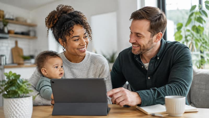 Co-Parenting Plattformen genutzt von Eltern mit Baby am Tablet