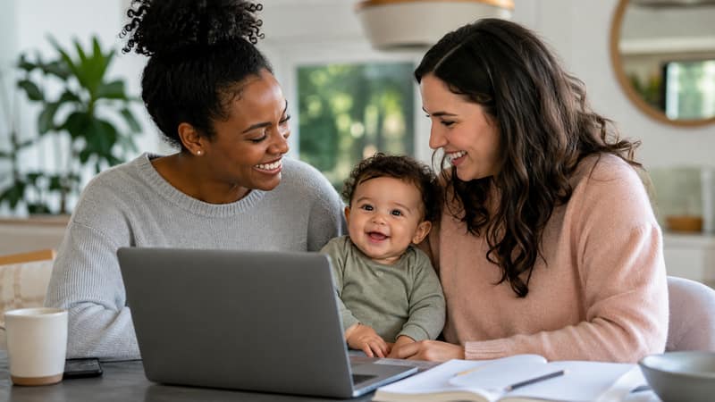 Co-Parenting Plattformen genutzt von zwei Müttern mit Baby am Laptop
