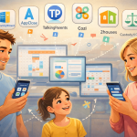 Co Parenting Apps Illustration mit getrennten Eltern, die Smartphone-Apps zur Organisation von Sorgerecht, Kommunikation und Kalender nutzen