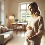 Nachdenkliche Leihmutter in Deutschland steht mit Händen auf dem Bauch und reflektiert über Leihmutterschaft Deutschland Rechtslage