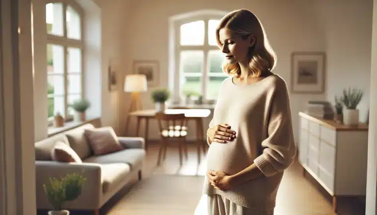 Nachdenkliche Leihmutter in Deutschland steht mit Händen auf dem Bauch und reflektiert über Leihmutterschaft Deutschland Rechtslage