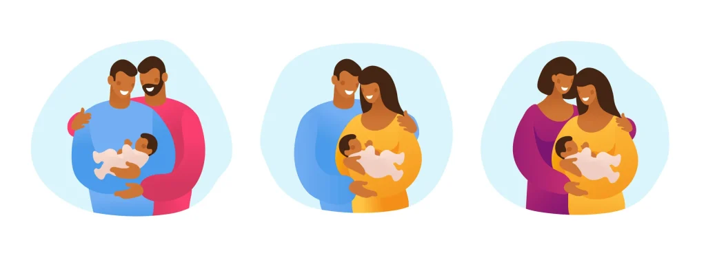 Illustration dreier LGBT-Familienkonstellationen mit Baby – schwules Paar, heterosexuelles Paar und lesbisches Paar zum Thema homosexuelle Adoption