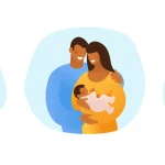 Illustration dreier LGBT-Familienkonstellationen mit Baby – schwules Paar, heterosexuelles Paar und lesbisches Paar zum Thema homosexuelle Adoption