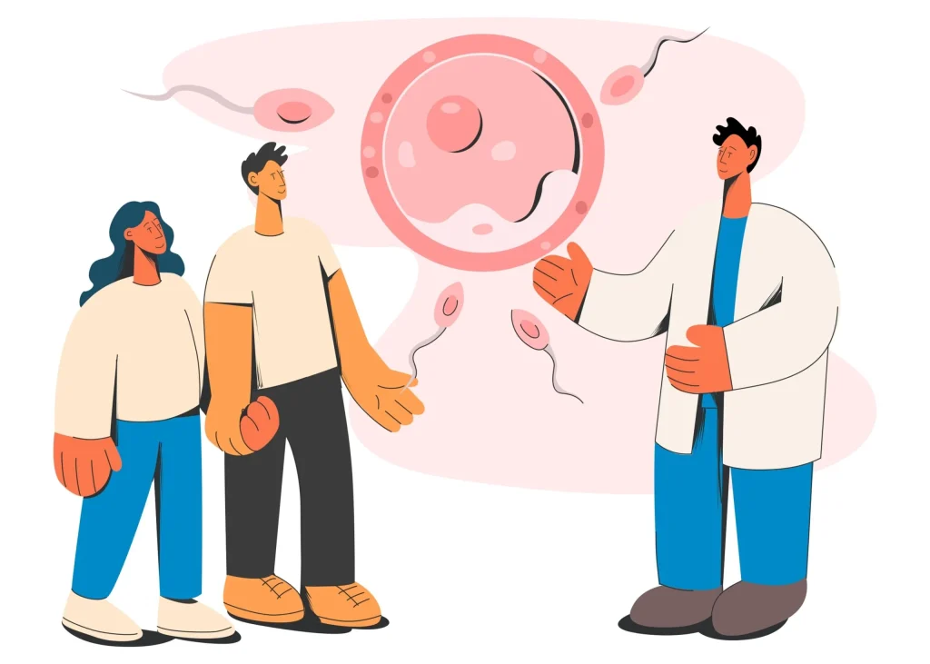 Gesundheitscheck für Männer Illustration zeigt Arztberatung zur männlichen Fruchtbarkeit mit Spermien und Eizelle