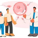 Gesundheitscheck für Männer Illustration zeigt Arztberatung zur männlichen Fruchtbarkeit mit Spermien und Eizelle