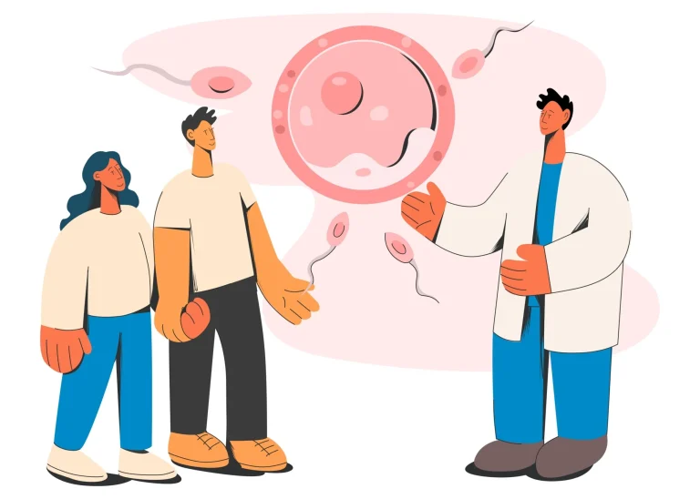 Gesundheitscheck für Männer Illustration zeigt Arztberatung zur männlichen Fruchtbarkeit mit Spermien und Eizelle