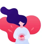 Frau mit Schmerzen hält ihren Bauch mit Schmerzwellen illustriert mögliche Ursachen Fehlgeburt und Unterleibsbeschwerden