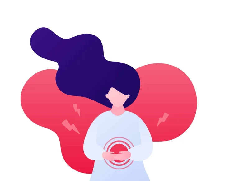 Frau mit Schmerzen hält ihren Bauch mit Schmerzwellen illustriert mögliche Ursachen Fehlgeburt und Unterleibsbeschwerden