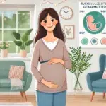 Eine schwangere Frau mit einem sanften Lächeln auf ihrem Gesicht, die in einem gemütlichen Zuhause steht und ihren Babybauch hält