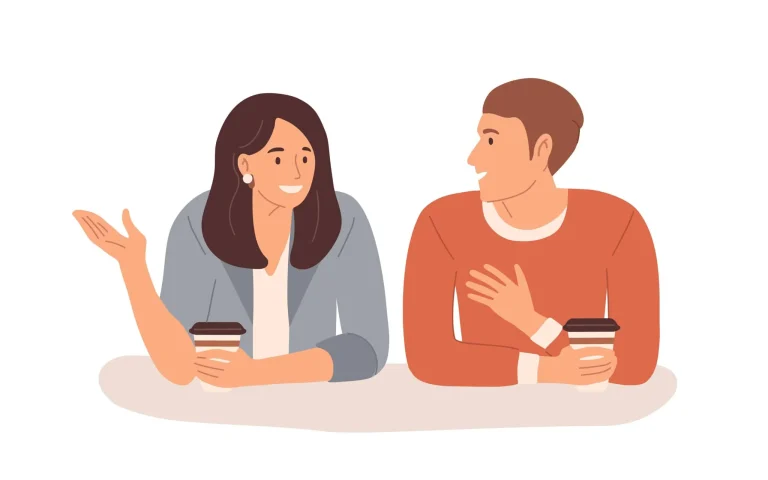 Elternpaar im freundlichen Gespräch bei Kaffee zeigt erfolgreiche Co-Parenting Kommunikation zwischen getrennten Eltern