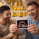 Zwei Männer lachen und halten begeistert ein Ultraschallbild in den Händen, um ihre Schwangerschaft zu verkünden