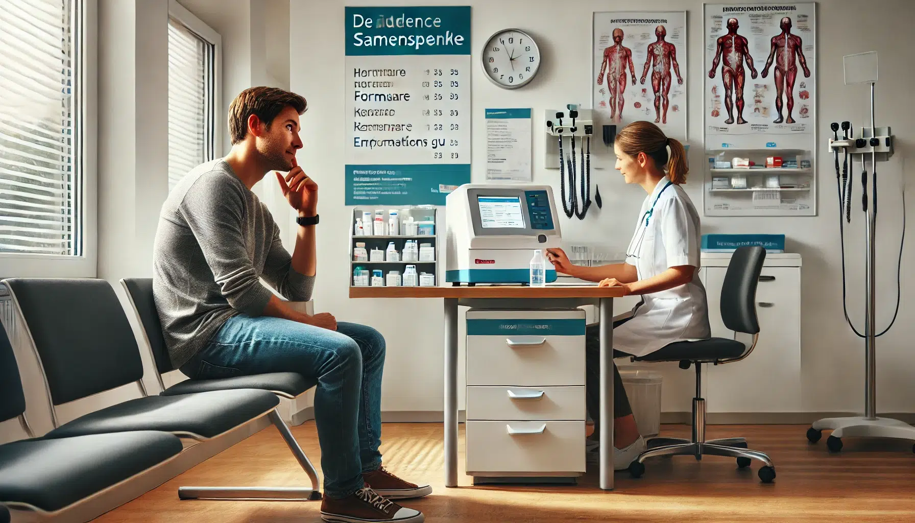 eine moderne Klinik in Deutschland, die den Prozess in einer Samenbank zeigt. Ein Mann sitzt im Wartezimmer und füllt Formulare aus