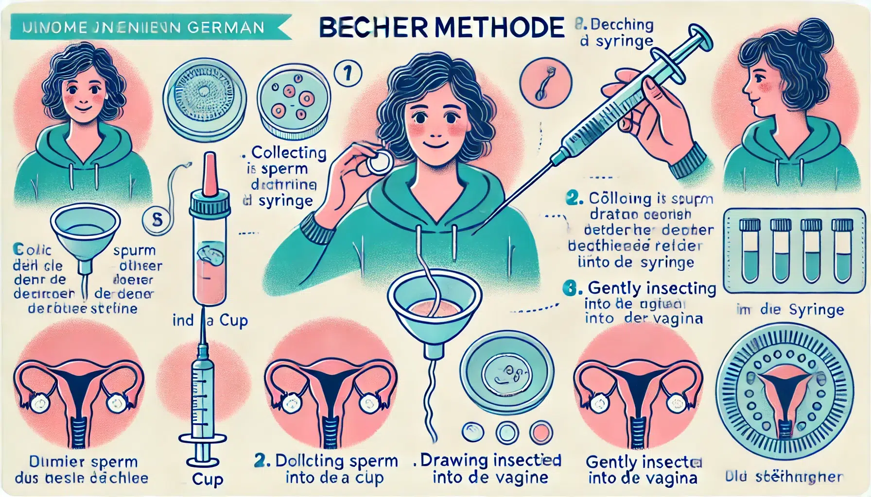 Eine Illustration, die die Bechermethode (Heimbesamungsmethode) erklärt. Zeigt eine Frau, die einen Becher und eine Spritze zur Besamung verwendet