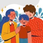 Handgezeichnete Illustration zeigt Co-Elternschaft Vorteile mit gemeinsamer Kinderbetreuung und Familienplanung auf weißem Hintergrund