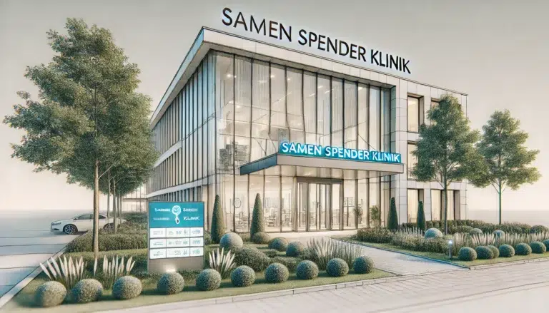 Moderne Klinikgebäude Außenansicht mit Glasfassade und Schild zeigt professionelle Samenspender Klinik für Fertilitätsbehandlung