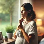 Eine nachdenkliche Szene einer Frau, die sich ein Kind wünscht. Die Frau, Ende 20 oder Anfang 30, steht in einer friedlichen Umgebung