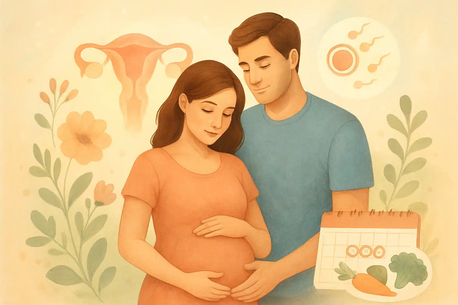 Ein gesundes Paar, die Frau hält sanft ihren Bauch, umgeben von Symbolen für Fruchtbarkeit und Gesundheit wie Blumen, einem Uterus-Diagramm und gesunder Ernährung.