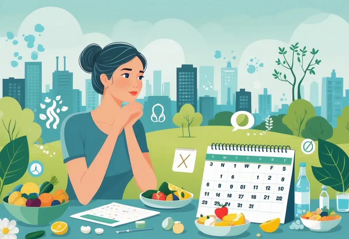 Eine Frau sitzt nachdenklich an einem Tisch mit einem Kalender, umgeben von Symbolen für gesunde Ernährung, Verzicht auf Rauchen und Alkohol