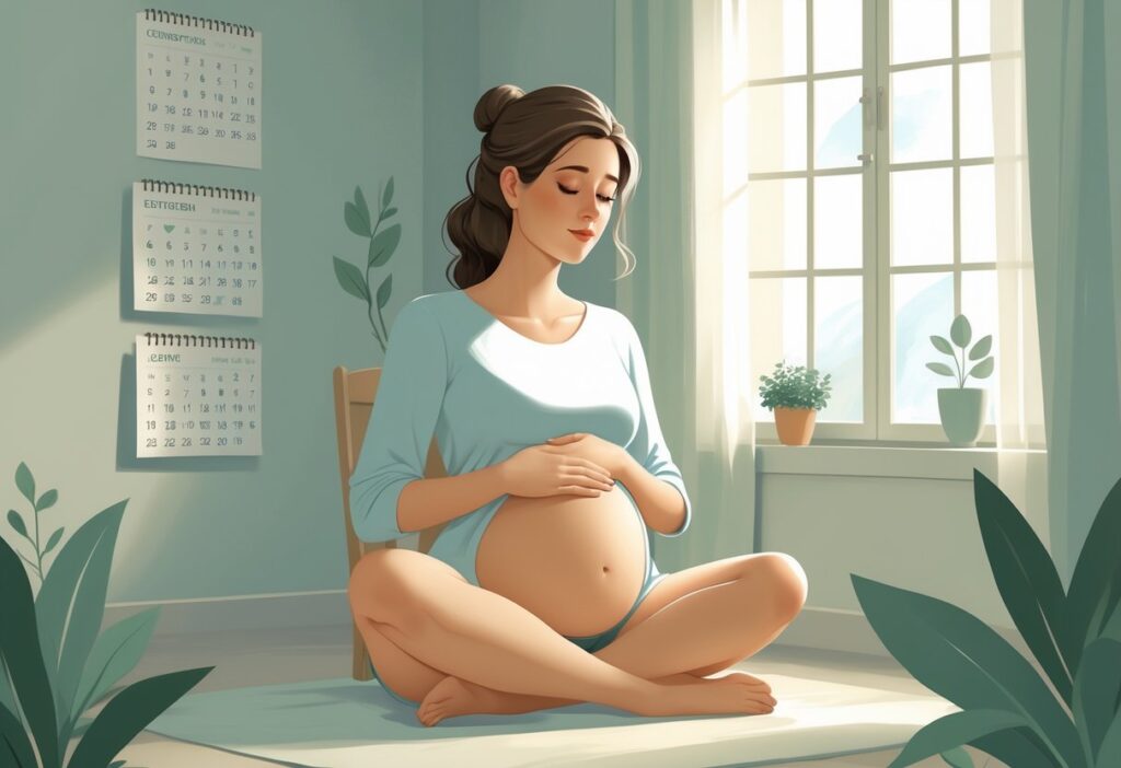 Eine nachdenkliche Frau sitzt in einem ruhigen Raum und hält sanft ihren Bauch.