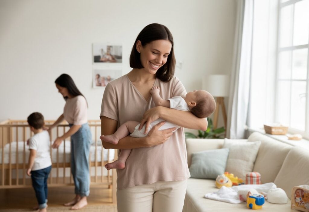 Glückliche Mutter hält ihr Baby im Kinderzimmer Foto