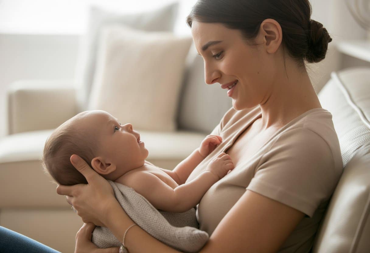 Mutter schaut ihr Baby liebevoll an Foto