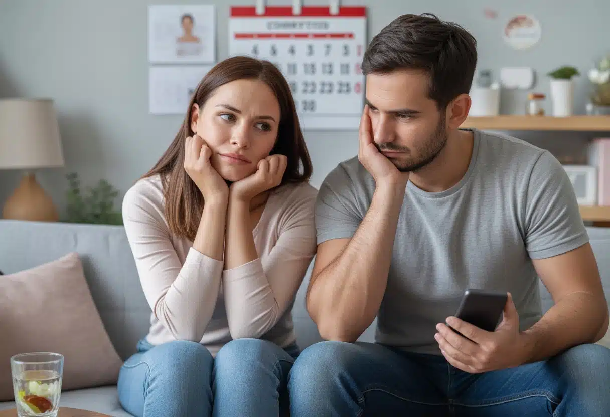 Unerfüllter Kinderwunsch – besorgtes Paar vor Fruchtbarkeitskalender
