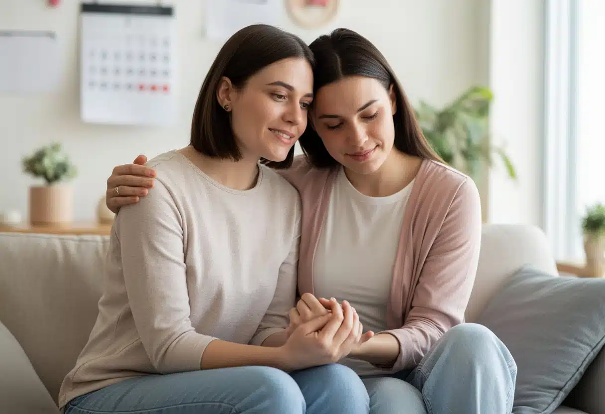 lesbisches Paar umarmt sich mit dem Wunsch nach einem Kind