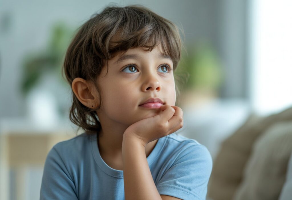 8–10-jähriges Kind, das Fragen zu seiner Herkunft stellt