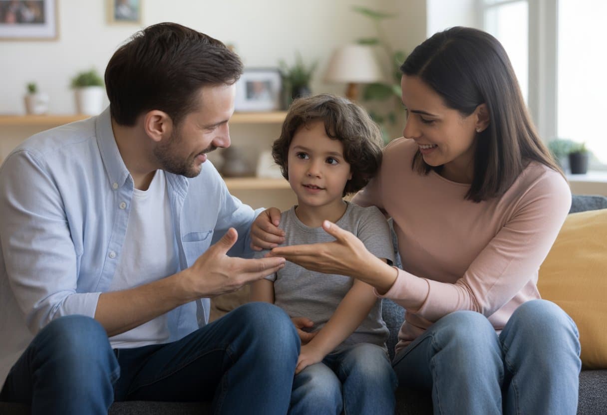 Familie mit zwei Eltern, die ihrem Kind die Samenspende erklären
