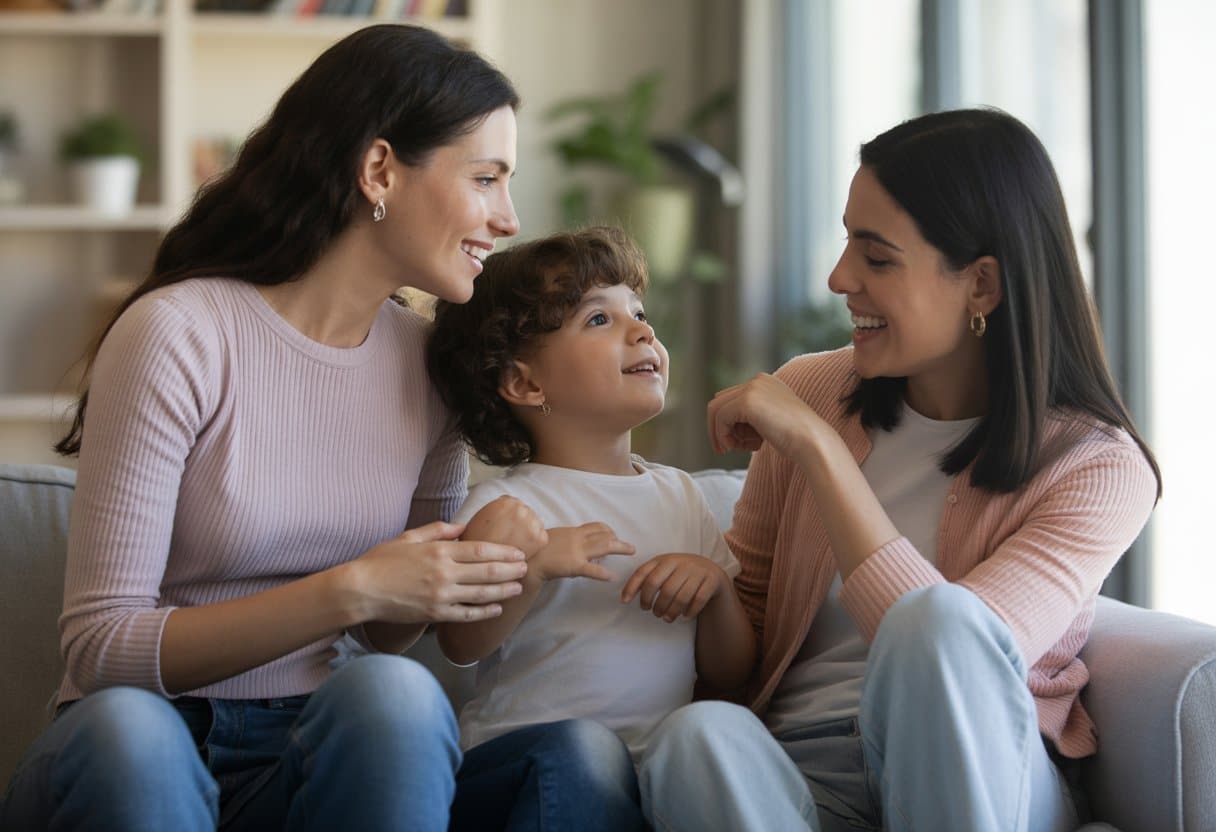 Familie mit zwei lesbischen Müttern, die mit ihrem Kind sprechen